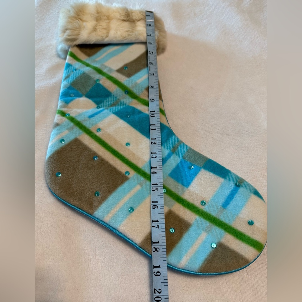 Old Navy Blue, White & Green Plaid Christmas Holiday Stocking Faux Fur Sequins - Picture 7 of 8